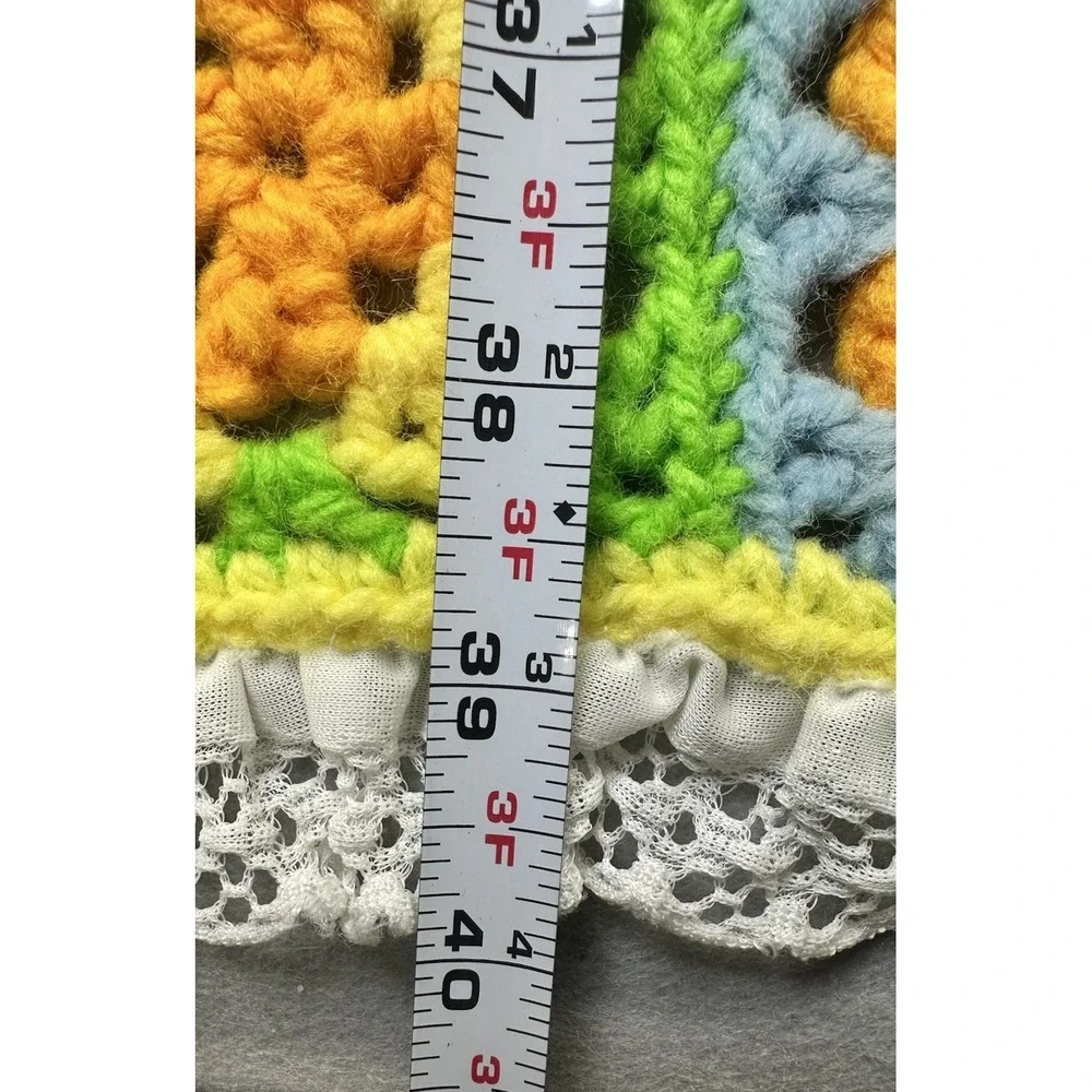 Handmade Crochet Knit Flower Blanket Eyelet Yellow Blue Green Afghan Baby 28x40